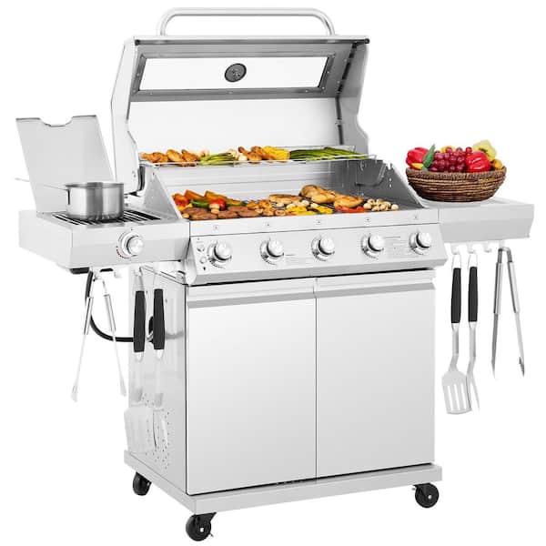 5-Burner Gas Grill With Infrared Side Burner, Visible Upper Cover, Bilateral Stainless Steel Side Shelf With Hook,Silver