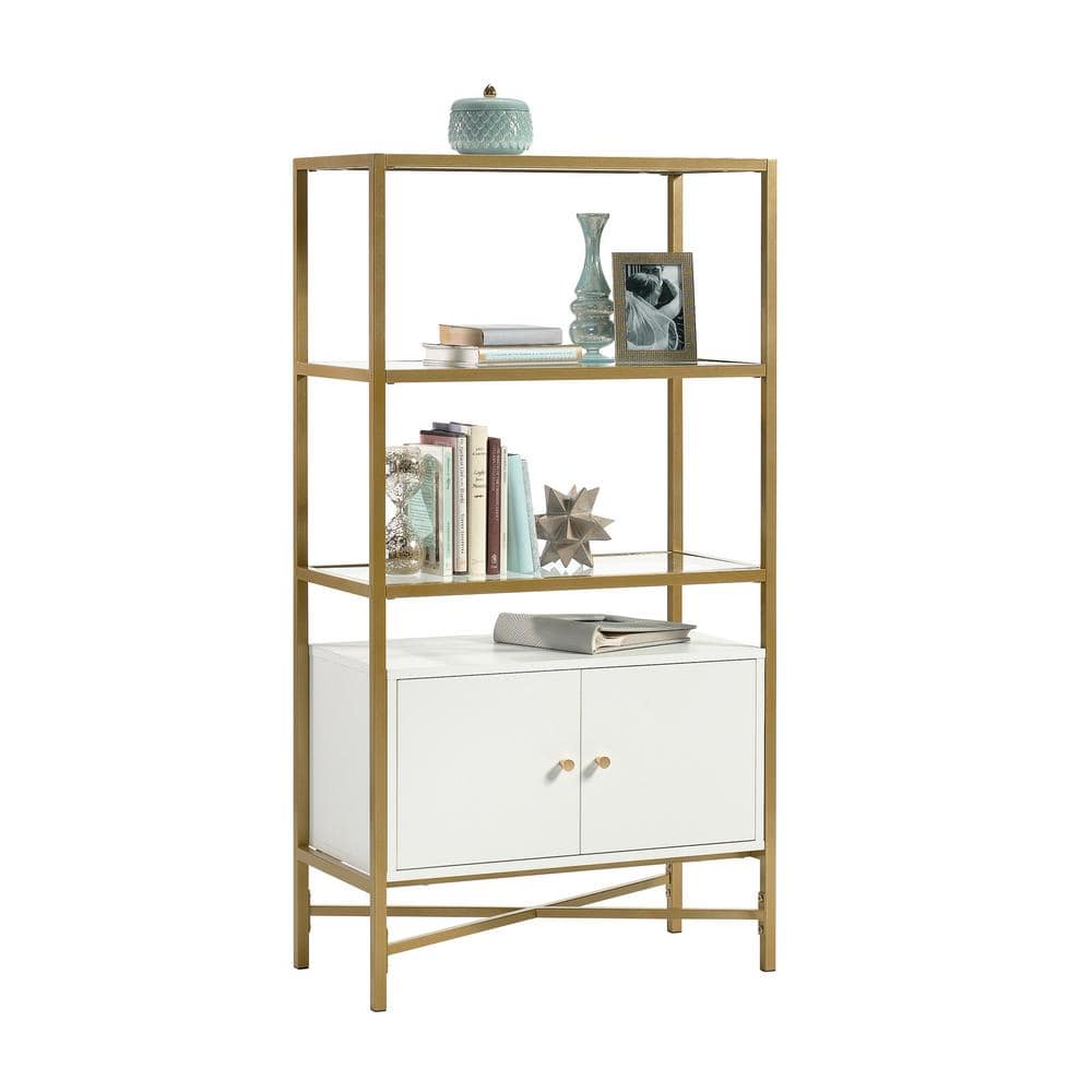 White and Gold Adjustable Bookcase with Doors
