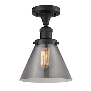 Cone 7.75 in. 1-Light Matte Black Semi-Flush Mount with Plated Smoke Glass Shade