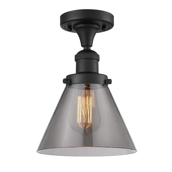 Innovations Cone 7.75 in. 1-Light Matte Black Semi-Flush Mount with Plated Smoke Glass Shade