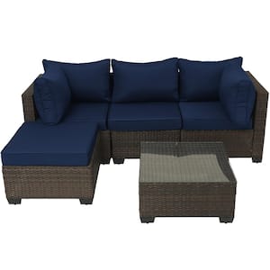 5-Piece Brown Wicker Outdoor Sofa Sectional Set with Dark Blue Cushions
