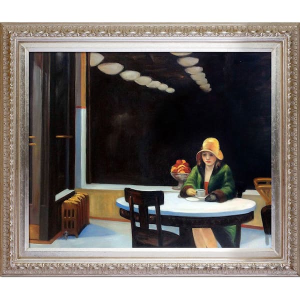 LA PASTICHE "Automat with Elegant Champagne" by Edward Hopper Framed Abstract Wall Art Oil Painting 30 in. x 26 in.