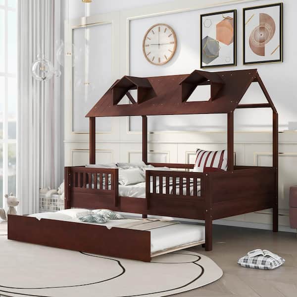 GOSALMON Espresso Full Size House Bed Wood Bed with Twin Size Trundle