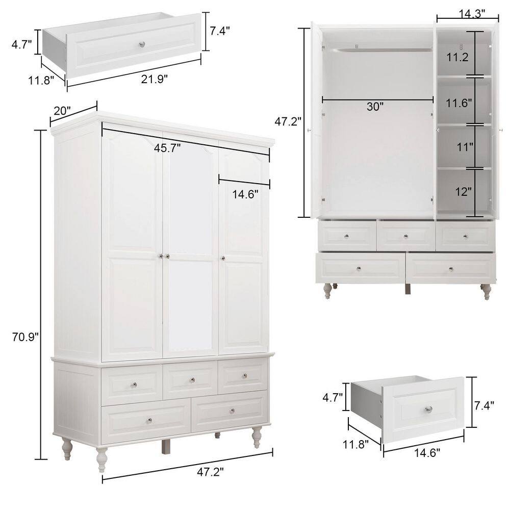 White Paint Big Wardrobe Armoires W/Mirror, Hanging Rod, Drawers, Adjustable Shelves 70.9 in. H x 47.2 in. W x 20 in. D - thumbnail 3