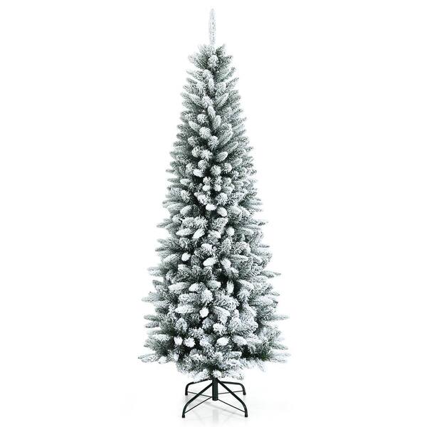 Costway 6.5ft Snow-Flocked Hinged Artificial Christmas Pencil Tree w/829 Mixed Tips