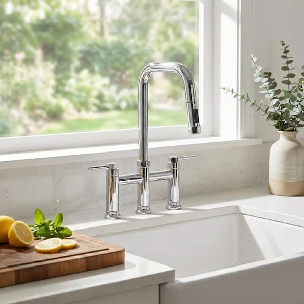 Double-Handle Bridge Kitchen Faucet with Pull-Down Sprayhead and 360° High-Arc Spout in Polished Chrome