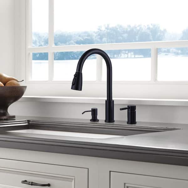 15 in. H Stainless Steel Pull Down Sprayer Kitchen Faucet with Soap Dispenser, 360° Swivel Spout in Oil Rubbed Bronze