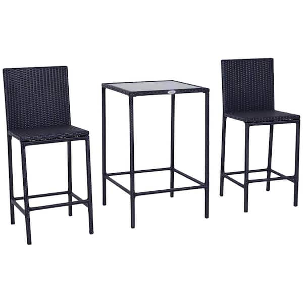Black 3-Piece Hand-Woven Wicker All-weather Outdoor Serving Bar Set with 2-High Top Chairs and 1-Glass Top Table