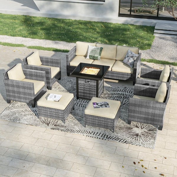 8-Pieces Patio Conversation Set with Square Fire Pit Table and Ottomans, PE Gray Wicker Sofa with Beige Cushion