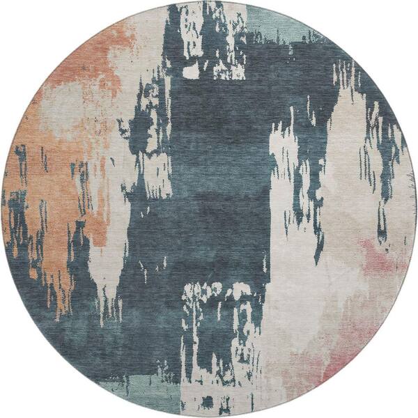 Mayfield Premium Machine Washable Abstract AMF2347 Teal 8 ft. x 8 ft. Round Rug