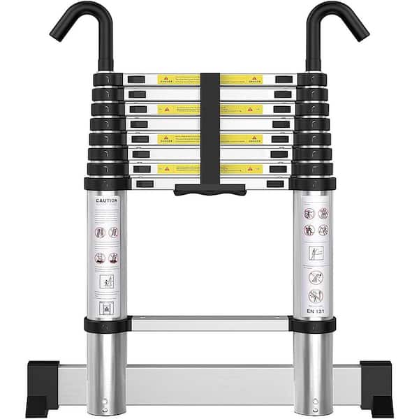8.5 ft. Aluminum Telescoping Retractable Extension Ladder with Hooks Stabilizer for Home Loft 330 lbs. Load Capacity