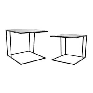 21.5 in. Black and White Hexagonal Marble Plant Stand with 1 Tier (Set of 2)