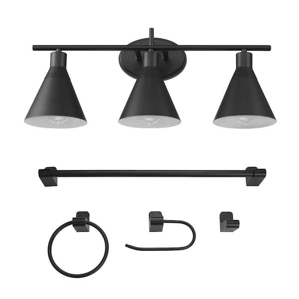 Globe Electric Tristan 24 in. 3-Light Matte Black Vanity Light with 4-Piece Bathroom Accessory Set