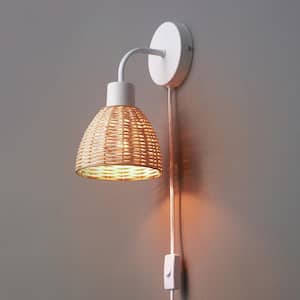 1-Light Matte White Plug-In or Hardwire Wall Sconce with Rattan Shade, 6 ft. White Cord, In-Line On/Off Rocker Switch