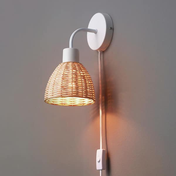 Briar 6 in. 1-Light Matte White Wall Sconce Light with Rattan Shade for Bedroom