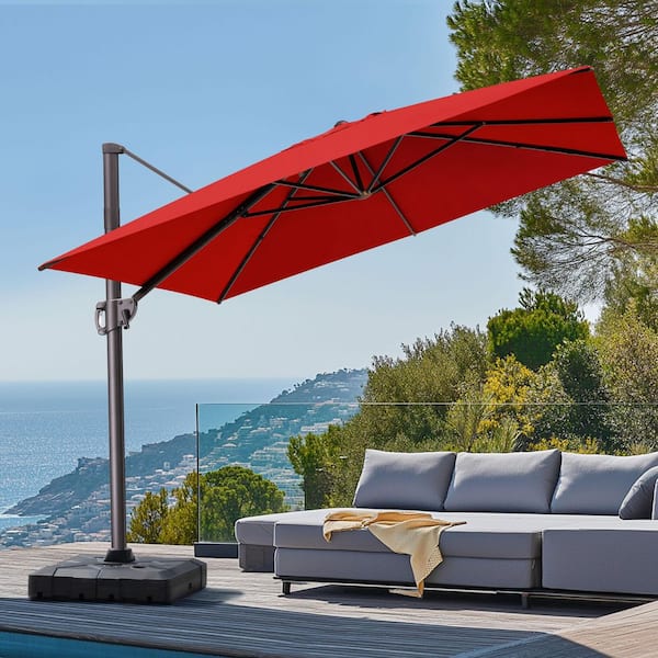 Pellebant 10.5 ft. x 9 ft. Aluminum Rectangular Tilt 360° Rotation Cantilever Patio Umbrella in Red with 260 lbs. Umbrella Base