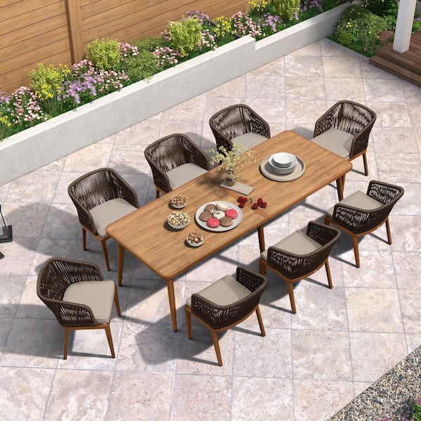 PURPLE LEAF 9-Piece Aluminum Wicker Dining Table Oversize and Armchairs Patio Outdoor Dining Set Furniture Set with Cushions, Grey