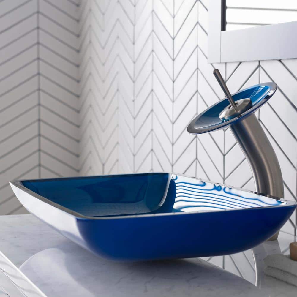 Fire Blue Glass Rectangular Vessel Sink with Satin Nickel Faucet