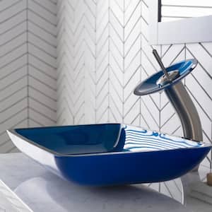 Irruption Rectangular Glass Vessel Sink in Blue with Waterfall Faucet in Satin Nickel