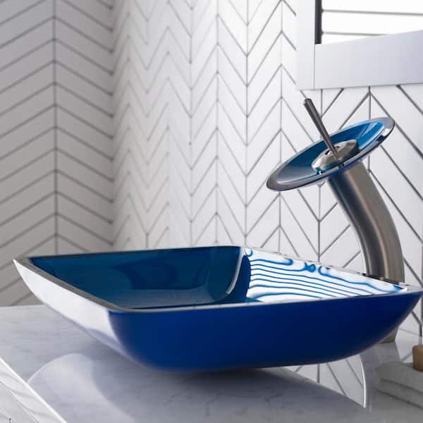 KRAUS Irruption Rectangular Glass Vessel Sink in Blue with Waterfall Faucet in Satin Nickel