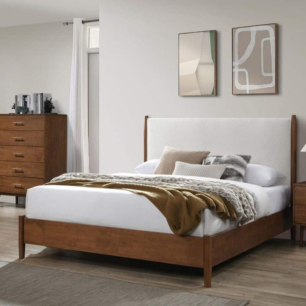 Isaac Mid-Century Modern Walnut and Beige Wood Frame Queen Size Platform Bed with Upholstered Boucle Headboard price history on PriceWatchPro