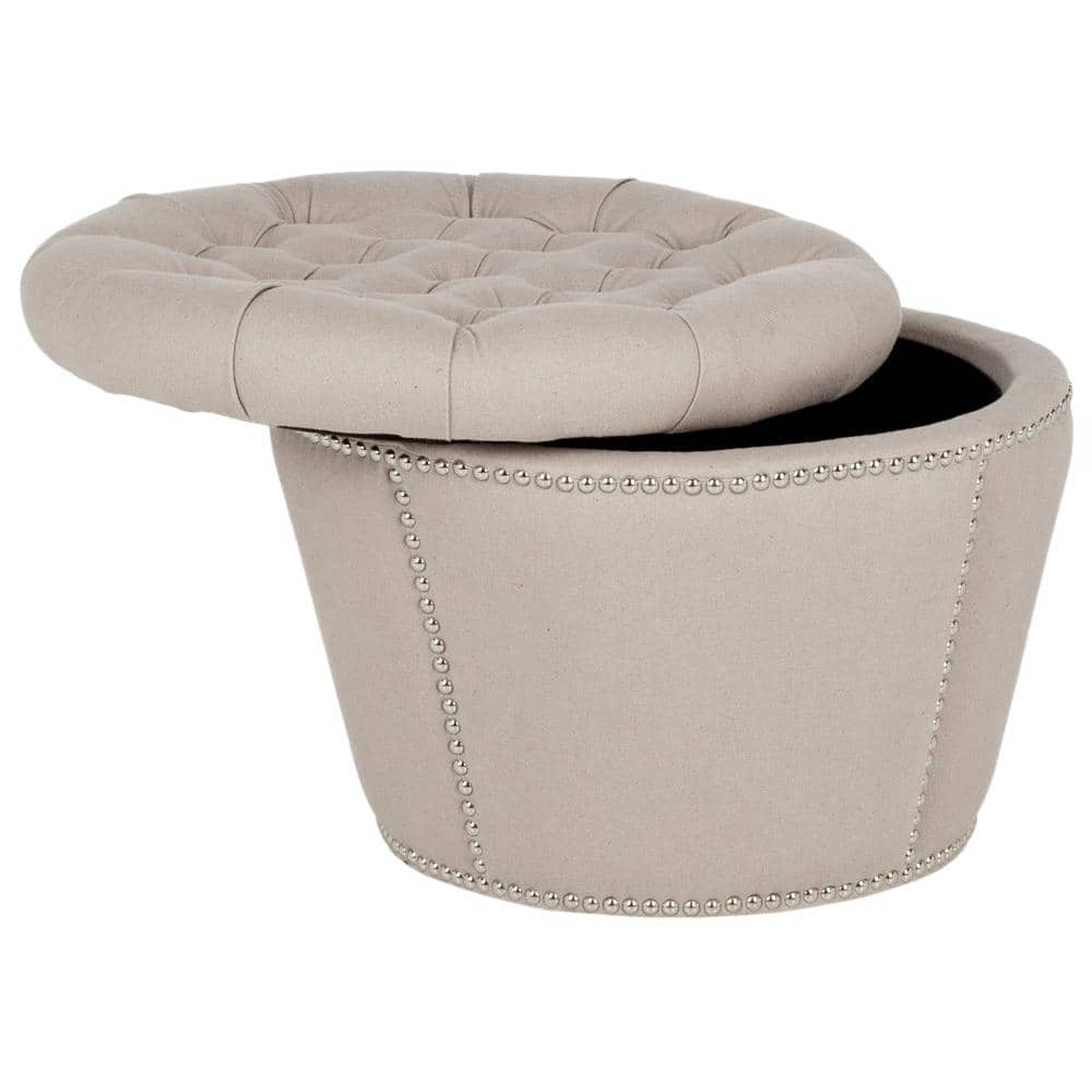 Taupe Tufted Linen Circle Ottoman with Nailhead Trim