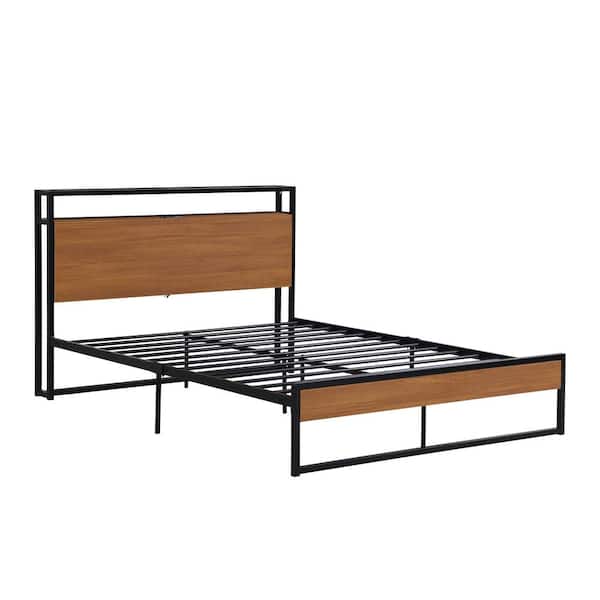 Polibi 55.60 in. W Black Metal Frame Full Platform Bed with Sockets, USB Ports and Slat Support