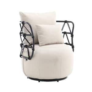 Modern Beige Linen Upholstered Swivel Barrel Accent Arm Chair with Unique Design Metal Bracket
