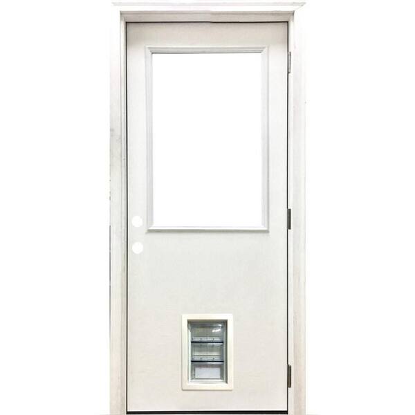 Steves & Sons 32 in. x 80 in. Reliant Series Clear Mini-Blind LHOS White Primed Fiberglass Prehung Back Door with Extra Large Pet Door