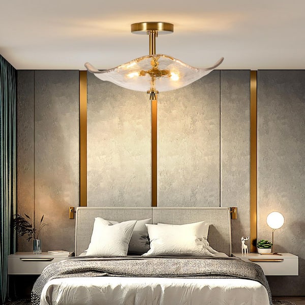 17 in. 2-Light Gold Semi-Flush Mount Ceiling Light Fixture with Water Ripple Glass Shade for Hallway, Bedroom