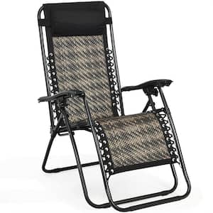 Black Frame with Gray Seat Folding Zero Gravity Wicker Outdoor Lounge Chairs with Headrest (1-Pack)