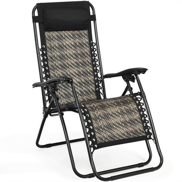 WELLFOR Black Frame with Gray Seat Folding Zero Gravity Wicker Outdoor Lounge Chairs with Headrest (1-Pack)