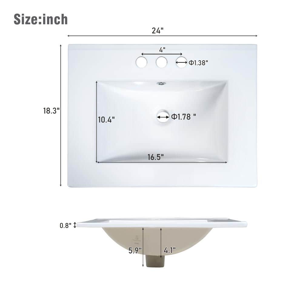 24" White Wood Freestanding Single Sink Bath Vanity with Ceramic Top