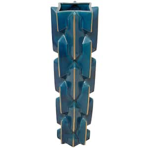 27 in. Teal Faceted Ceramic Decorative Vase with Gold Accents