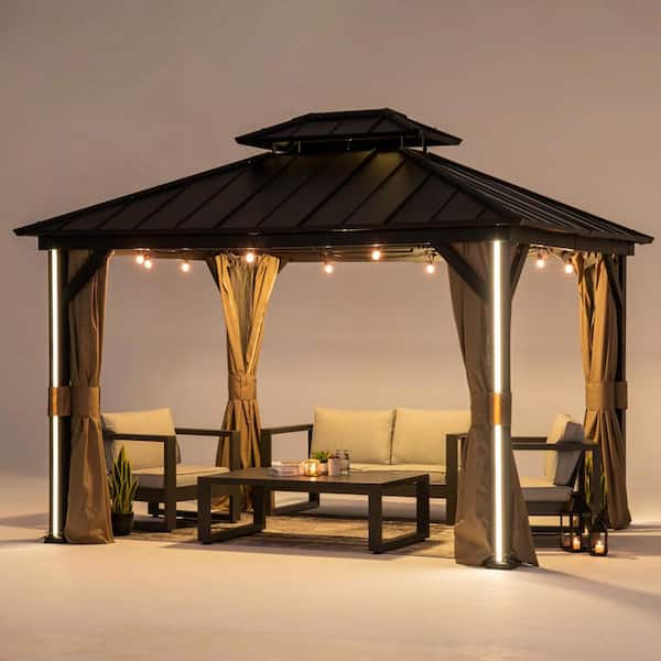 COVERED OUTDOOR OUTDOOR LIVING SPACES Four Seasons 10 ft. x 12 ft. Black Hard Top Gazebo with LED Lighting