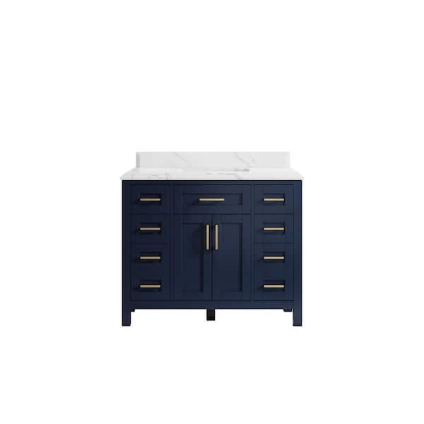 Willow Collections Cambridge 42 in. W x 22 in. D x 36 in. H Bath Vanity in Navy Blue with Cove Edge Calacatta Quartz Top