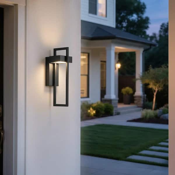 6.69 in. 1-Light Dimmable Matte Black Integrated LED Outdoor Wall Sconce with Remote Control for Front Door, Porch