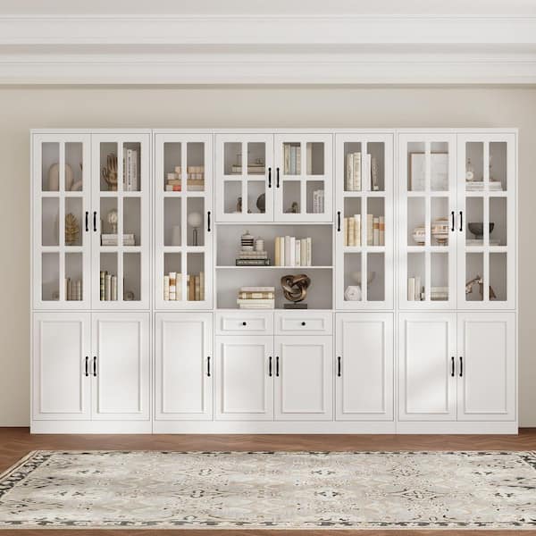White Wood 126 in. W Luxurious Sideboard, Buffet, Pantry Cabinet with 25-Shelf and 8 Tempered Glass Doors and 2-Drawer