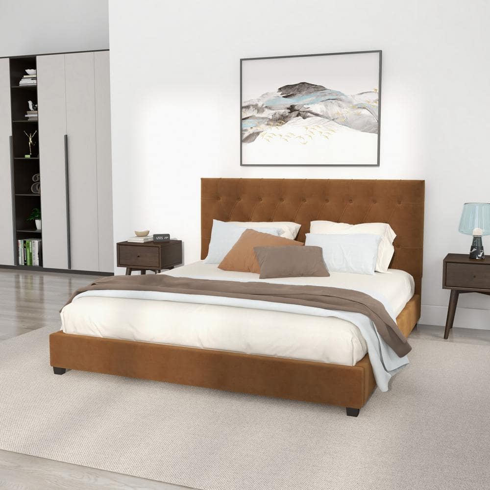 Elda Cognac Velvet Tufted Upholstered King Platform Bed