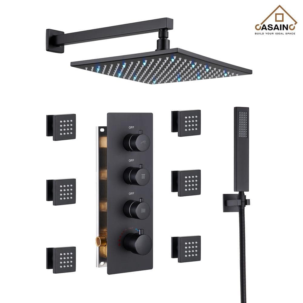 CASAINC Luxury LED Thermostatic 3-Spray Patterns 12 in. Wall Mount Rain ...
