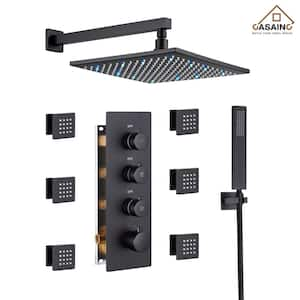 Luxury LED Thermostatic 3-Spray Patterns 12 in. Wall Mount Rain Dual Shower Heads with 1.8 GPM 6-Jet in Black