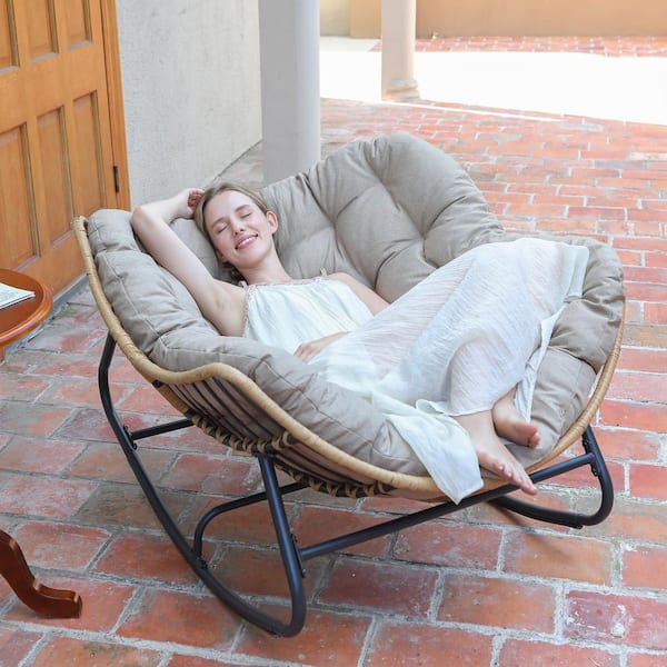 YIYEKE Oversized PE Wicker Outdoor Rocking Chair with Beige Cushion