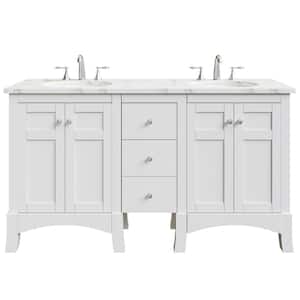 New Jersey 60 in. W x 22 in. D x 34 in. H Freestanding Double Sinks Bath Vanity in White with White Carrara Marble Top
