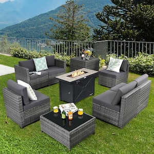9-Pieces Patio Rattan Furniture Set Fire Pit Table Storage Grey with Cover Grey