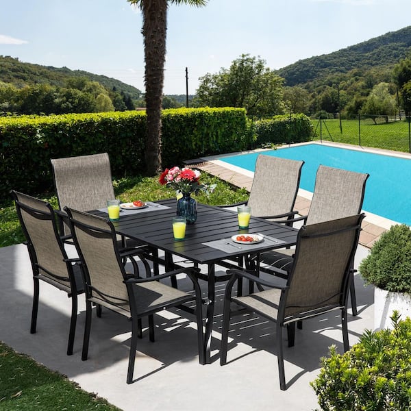 Unbranded 7-Piece Patio Dining Set Textilene Fabric Iron Metal Outdoor Chairs and Table Set with Umbrella Hole for Garden Poolside