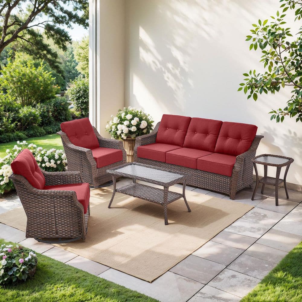 Henn 5-Piece Brown Wicker Outdoor Patio Conversation Seating Sofa Set with Red Cushions and Swivel Rocking Chairs price history on PriceWatchPro