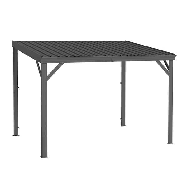 Gray 8 ft. x 10 ft. Wall-Mounted Hardtop Gazebo, Sloping Steel Roof with Drainage, Windproof for Patio Deck Backyard