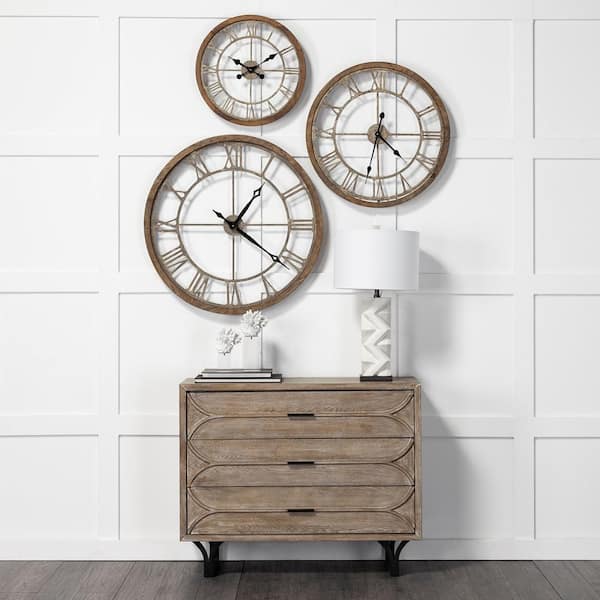 27 inch Large Real Moving Gears Wall Clock with Toughened Glass Cover Oversized Vintage Solid Wood Farmhouse Clock Giant Decorative Rustic Wall Clock