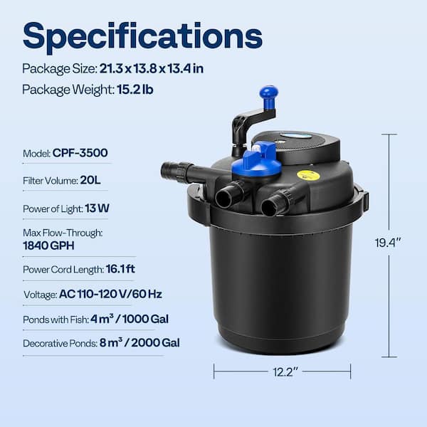 VIVOHOME 1840-GPH Pressurized Biological Pond Filter with 13-Watt