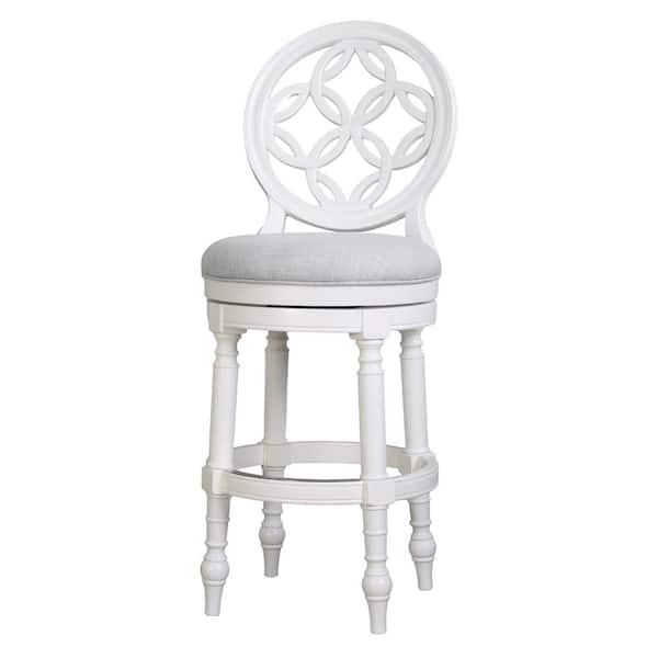 NewRidge Home Goods Tiffany 31in. Wood Swivel Bar Stool with Back, Farmhouse White with Light Grey Seat